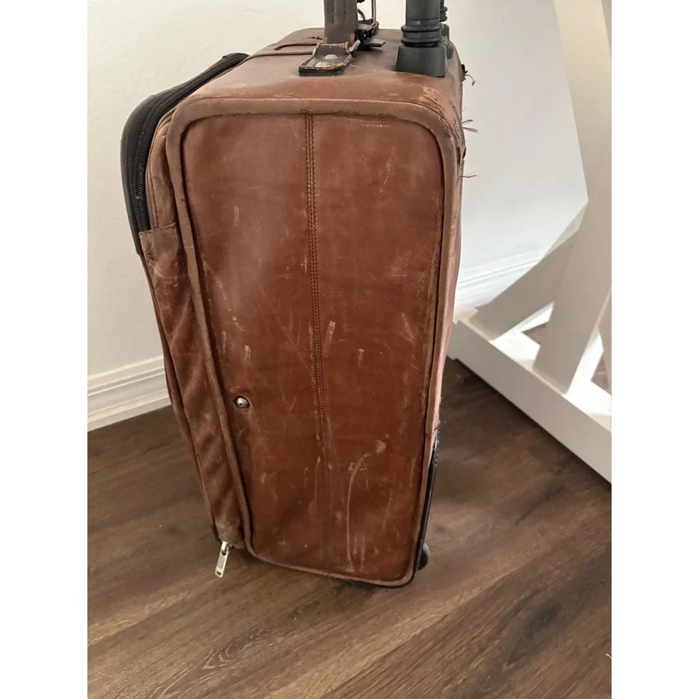 Tumi Brown Leather Rolling Suitcase Upright Luggage Bag Distressed 24 Inch